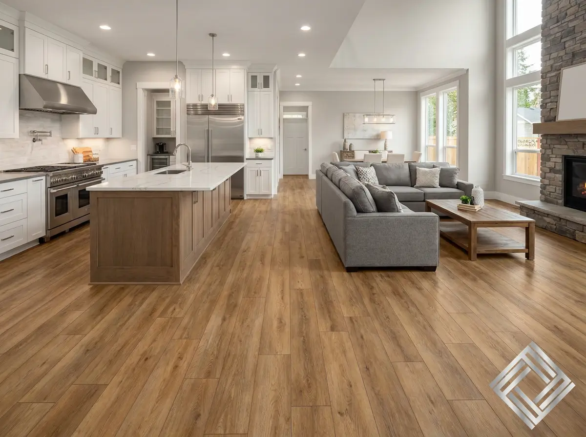 Luxury vinyl plank flooring installed in a bright open-plan kitchen and living room in a modern BC home, showing wide-plank wood-look finish