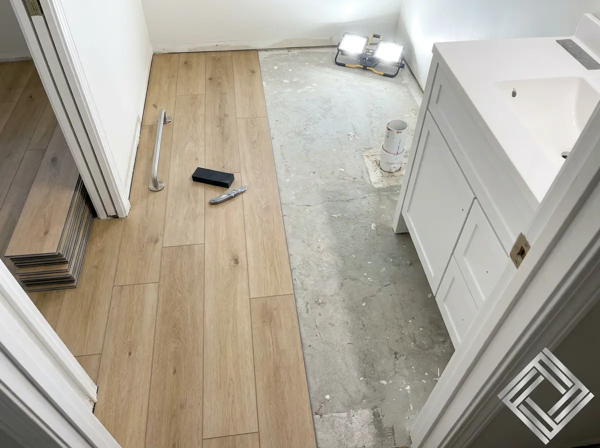 SPC luxury vinyl plank flooring mid-installation in a small bathroom, with planks clicked into place on one side and exposed concrete subfloor on the other, pull bar and tapping block visible