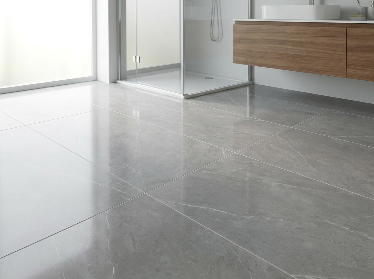 Large format polished porcelain tile floor in a modern bathroom