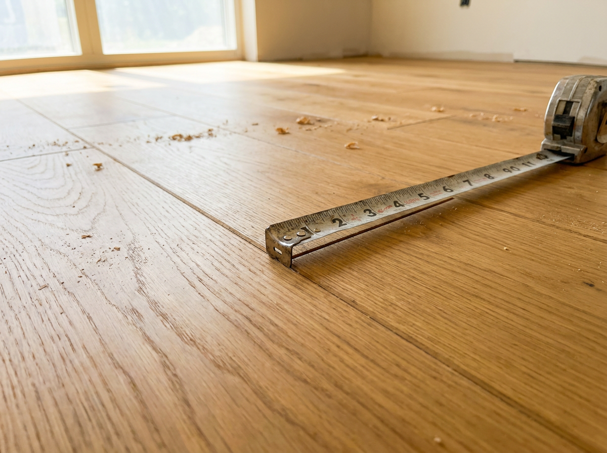 Wide-plank hardwood flooring being measured on a BC job site