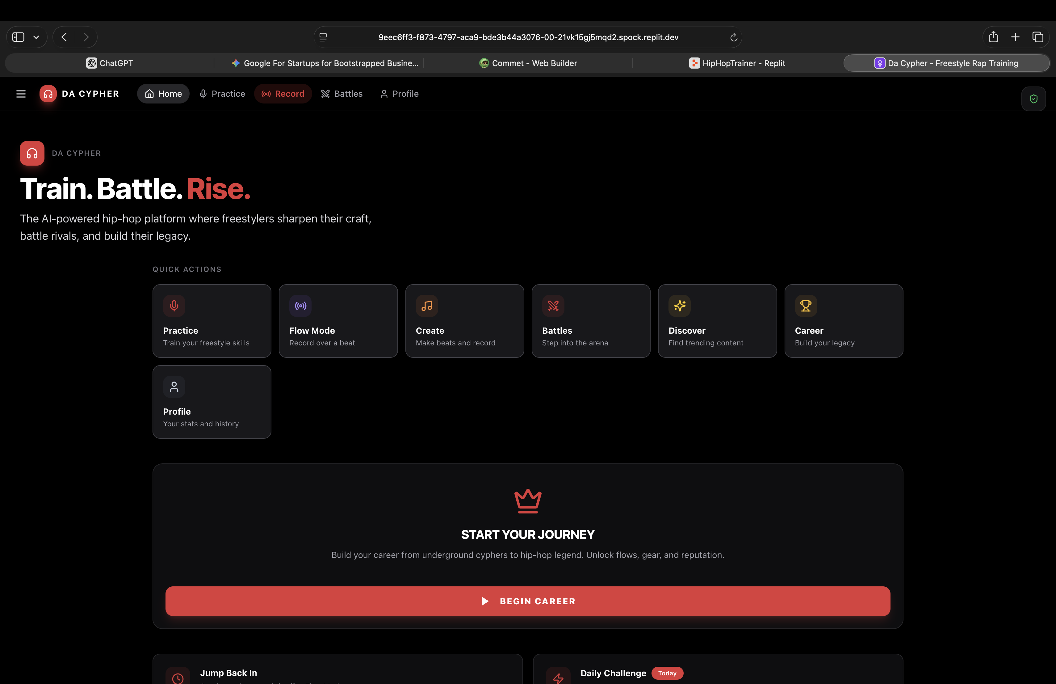 Da Cypher terminal showing freestyle rap training interface with Practice, Flow Mode, Battles, Career mode, and daily challenges