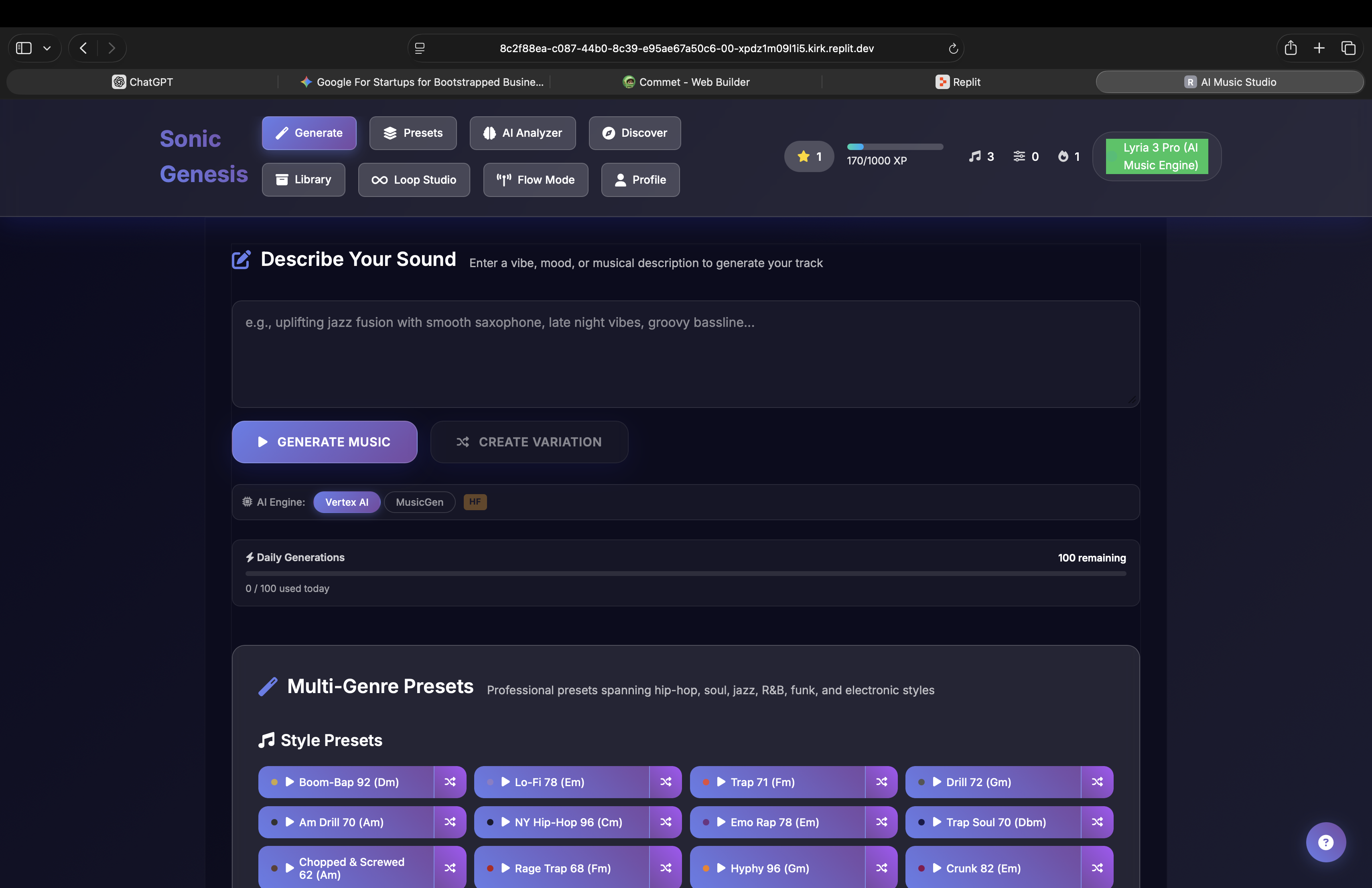 Sonic Genesis terminal showing AI beat generation interface with multi-genre presets, Vertex AI engine, and daily generation credits