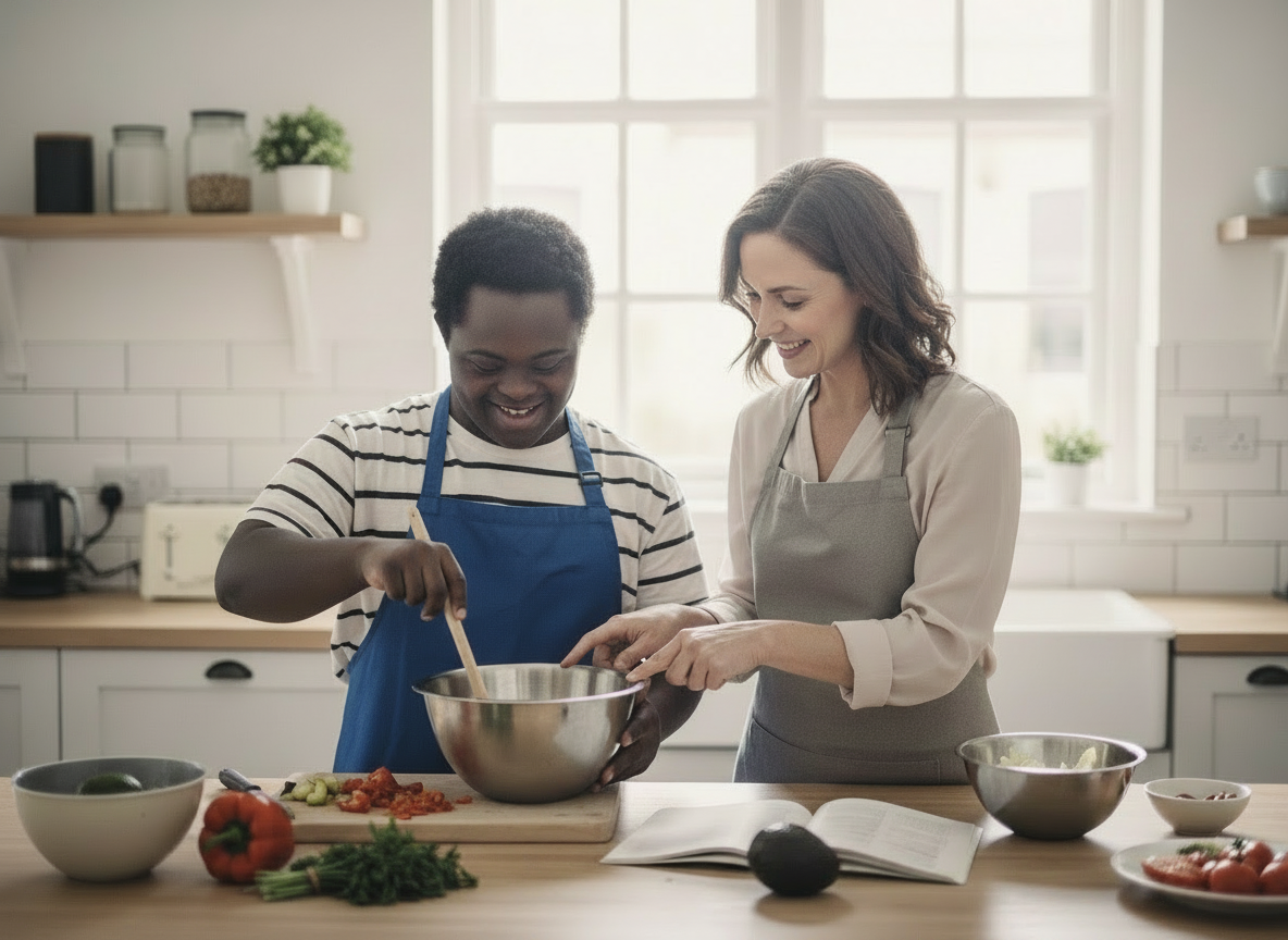 African American caregiver assisting young adult with meal preparation