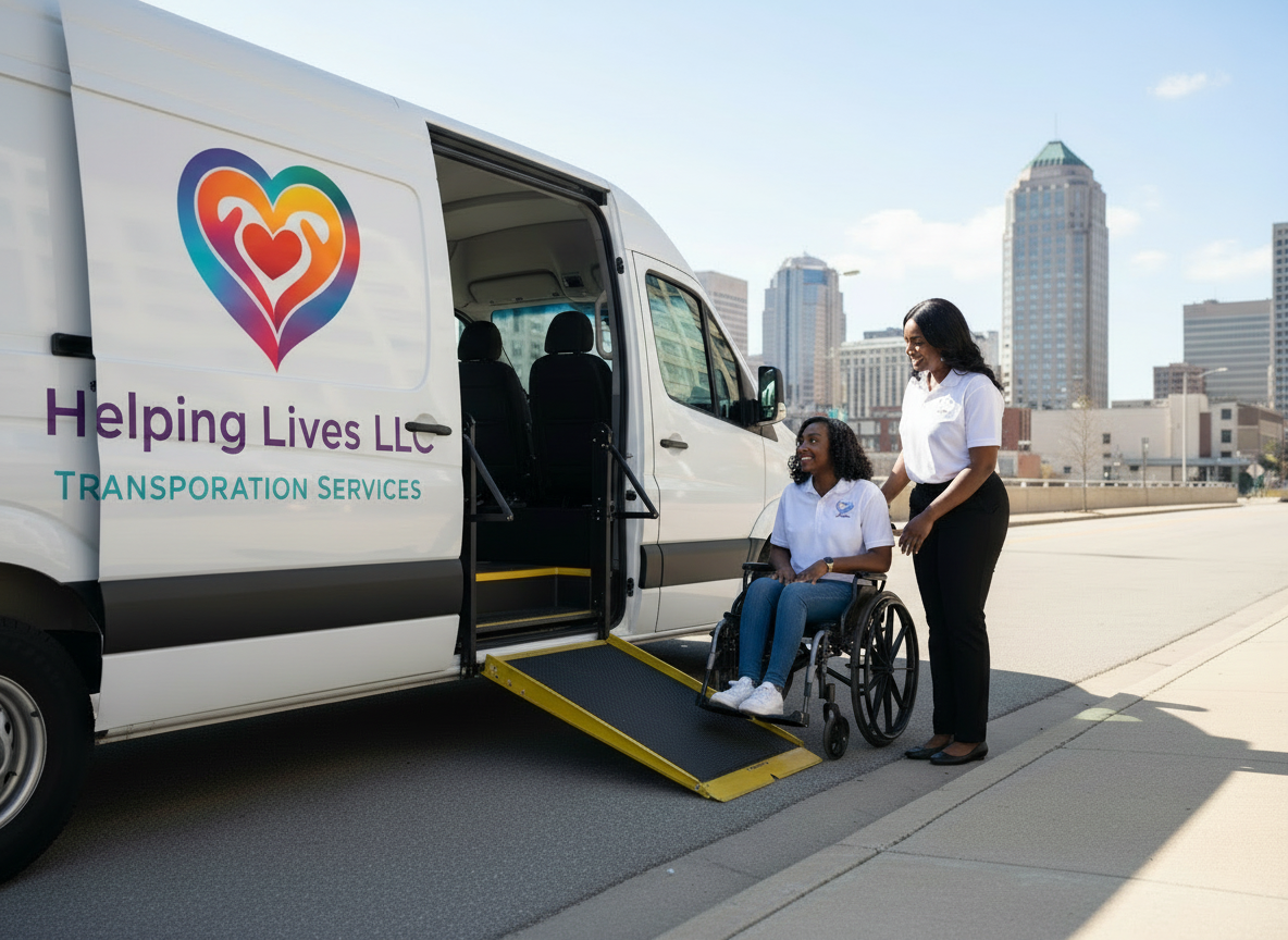 Wheelchair accessible van with original Helping Lives logo