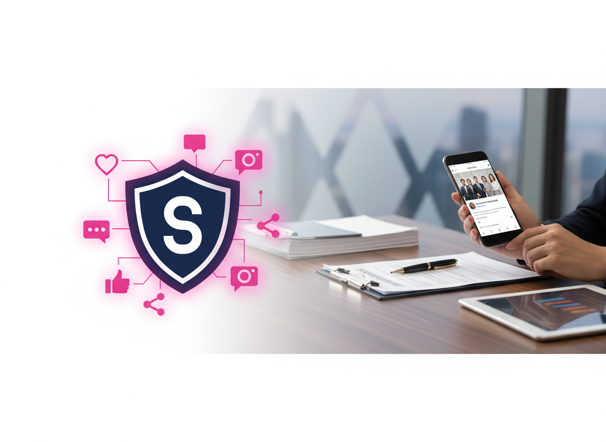Professional insurance agent workspace with shield and social media elements representing trust-building online marketing