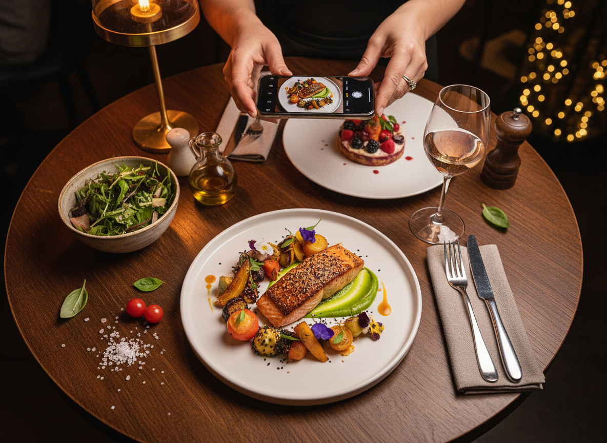 Overhead shot of a restaurant table with artfully plated food and a smartphone capturing the dish for social media content