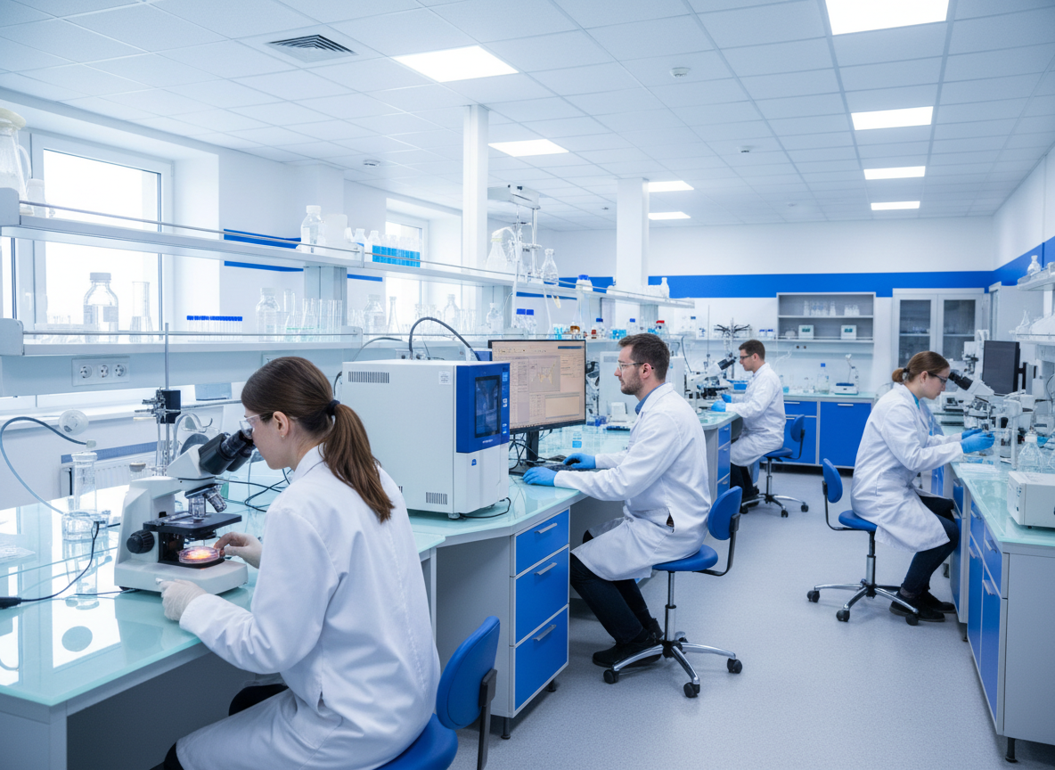 Environmental laboratory scientists in white lab coats performing certified testing and analysis with professional equipment
