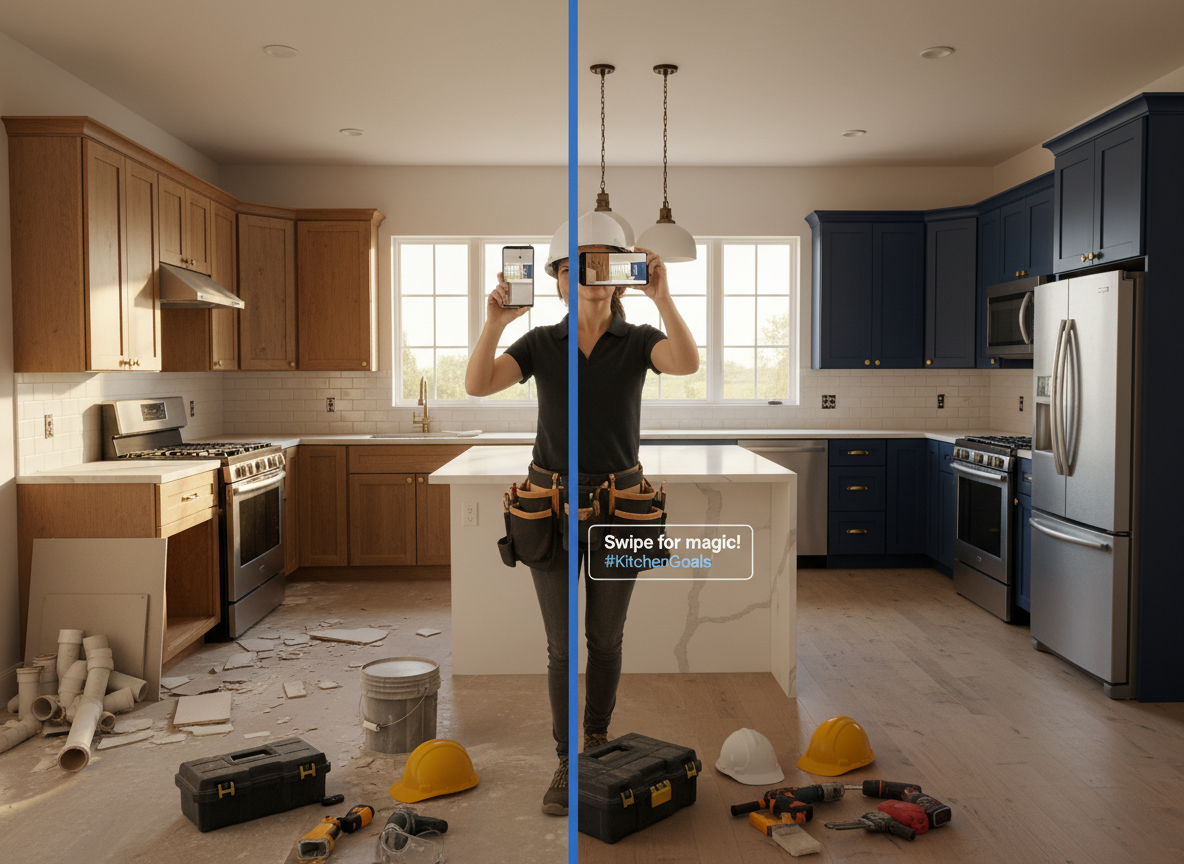 Contractor taking a photo of a beautiful kitchen renovation with their smartphone, showcasing before-and-after content for social media
