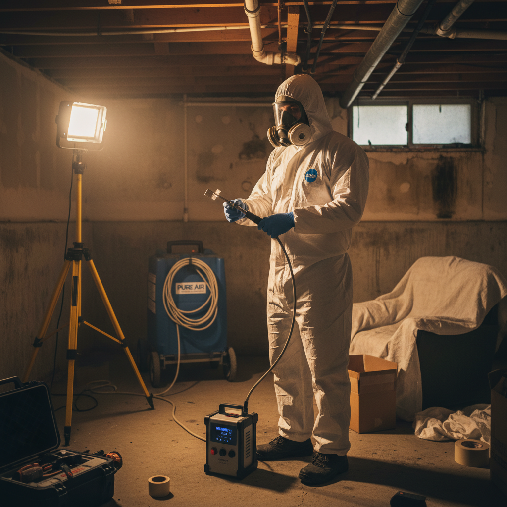 Professional mold testing and air sampling in residential basement