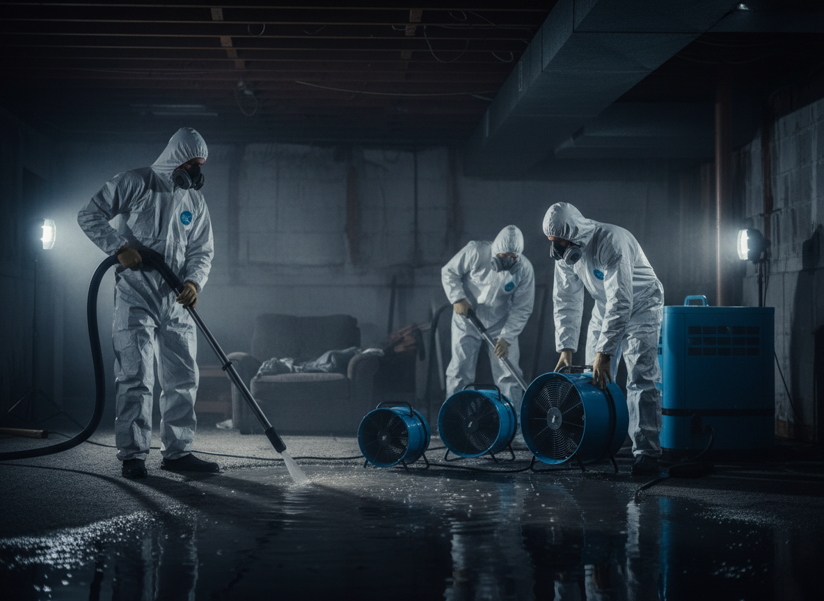 My Water Damage Hero restoration team using professional air movers and dehumidifiers during emergency water damage cleanup in Southeastern Pennsylvania