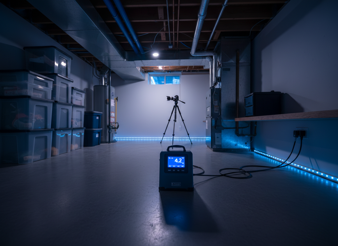 Professional radon testing equipment in basement