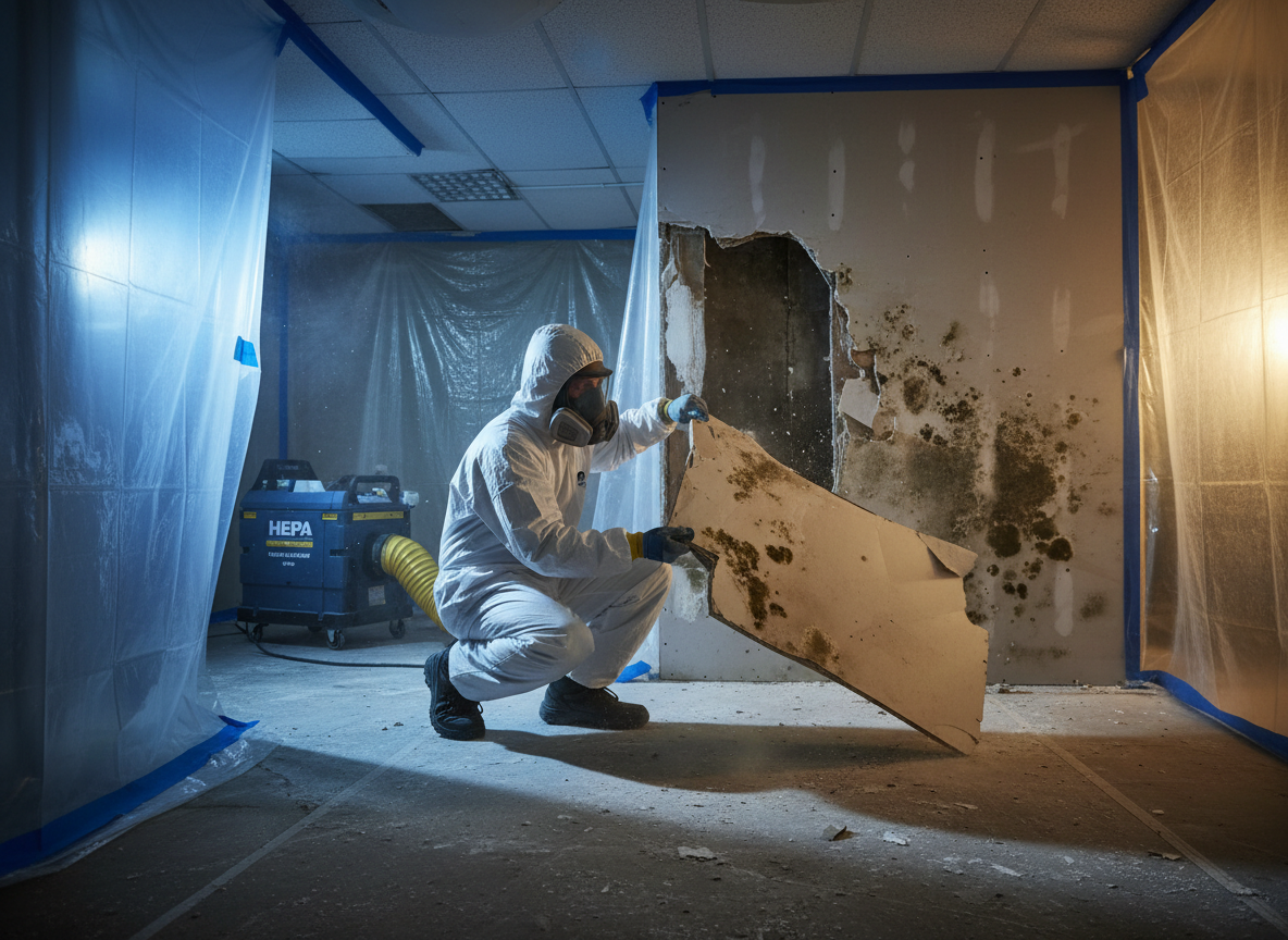 Mold remediation technician in Tyvek suit removing contaminated drywall