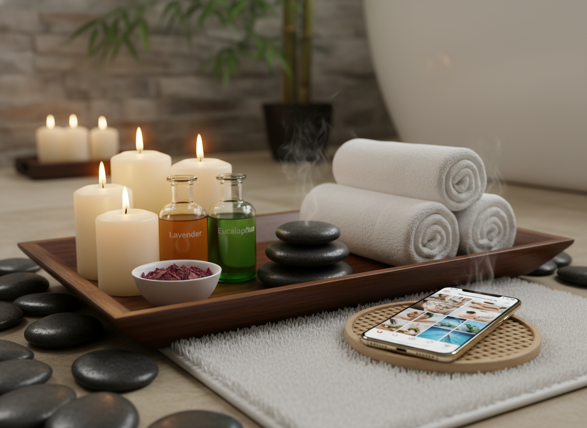 Luxurious spa setting with candles, essential oils, hot stones, and white towels creating a zen atmosphere for beauty business marketing