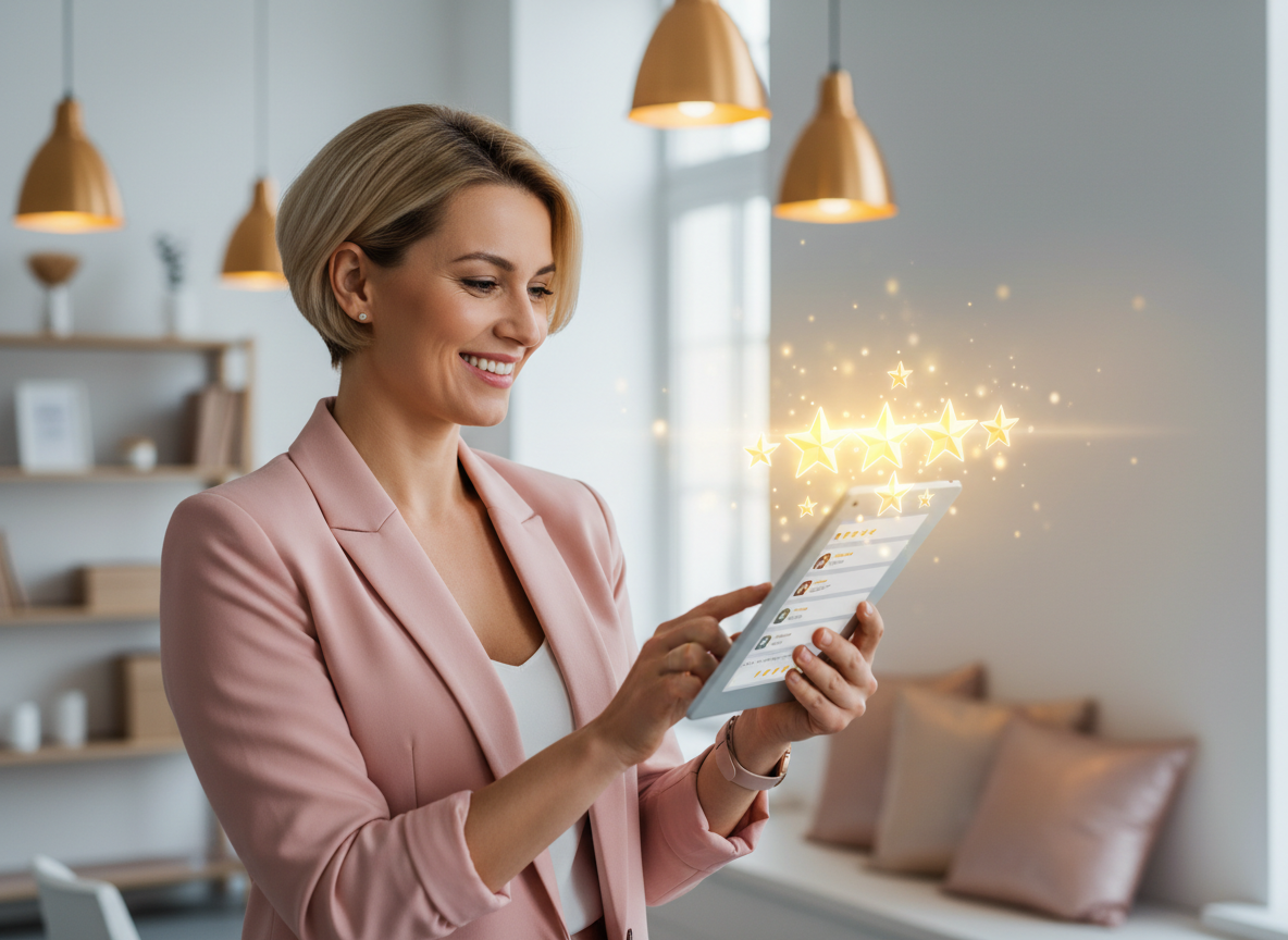 Small business owner smiling while viewing positive five-star reviews on a tablet screen in a modern office