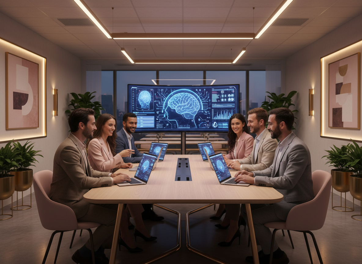 Business professionals collaborating around a table with AI dashboards on screens