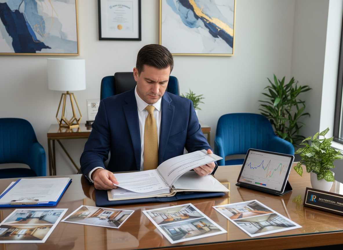 Industrial hygienist reviewing mold remediation protocol documents