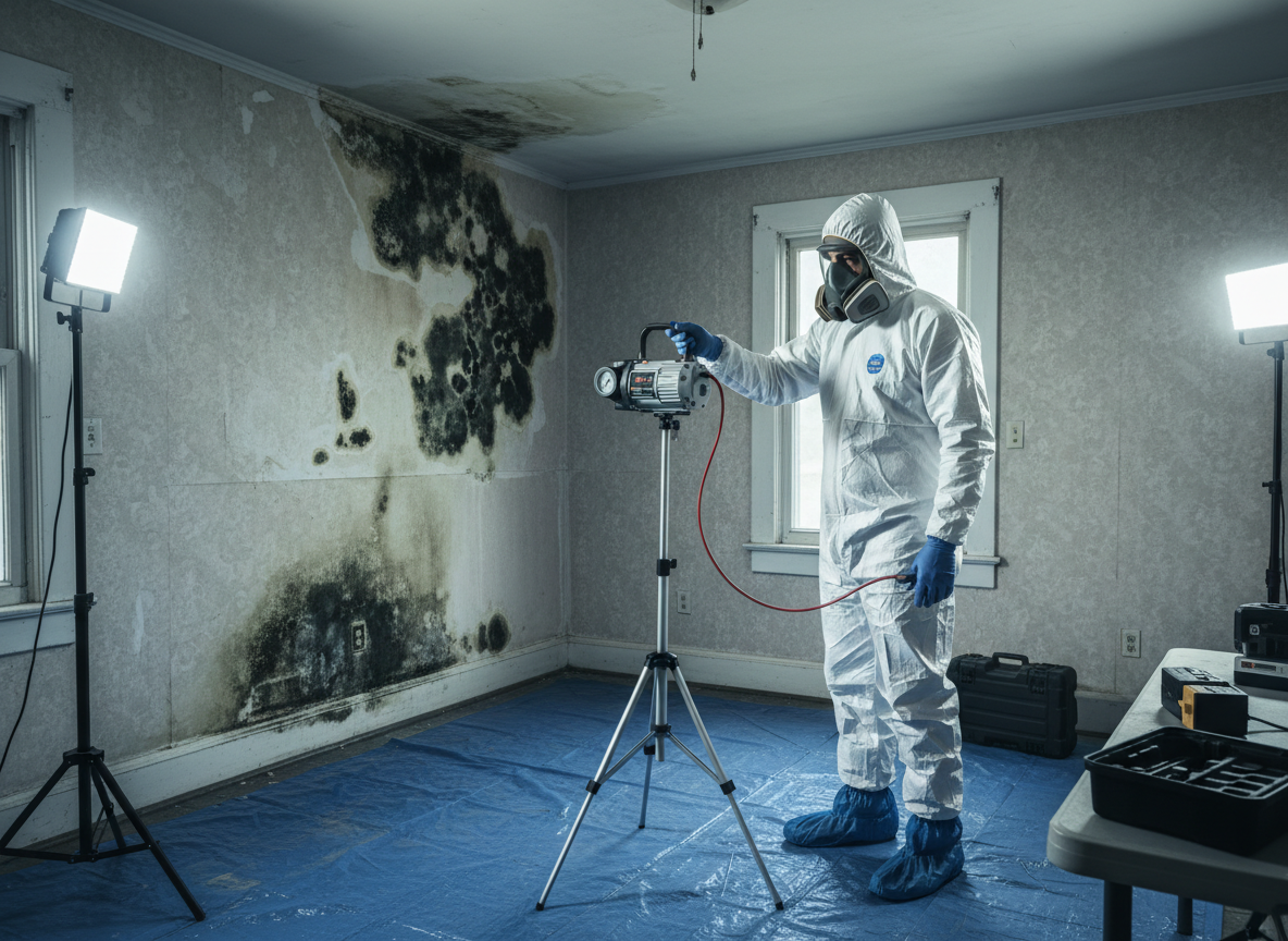 Industrial hygienist collecting mold air samples