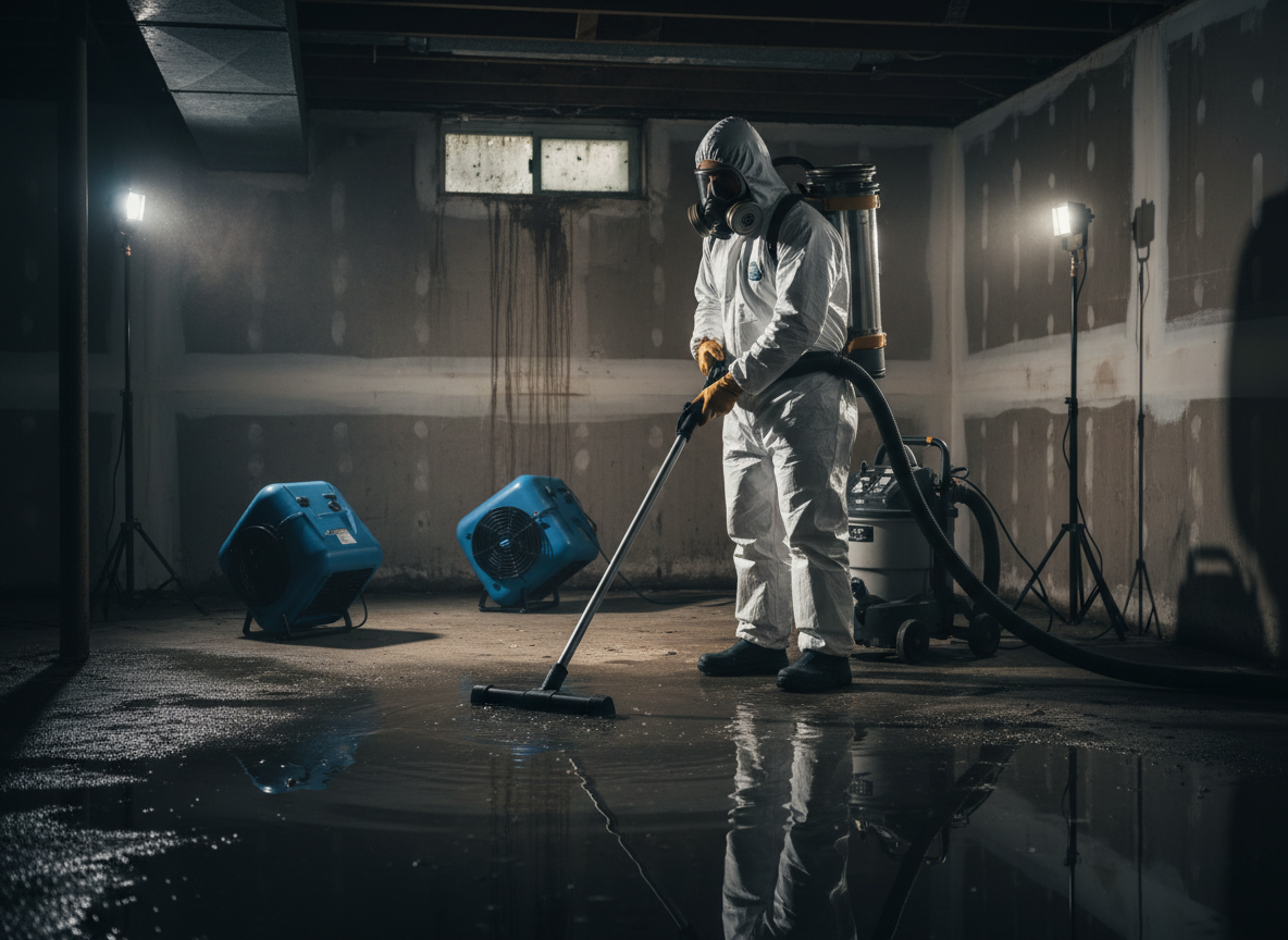 Water extraction technician in Tyvek suit with professional blue air movers