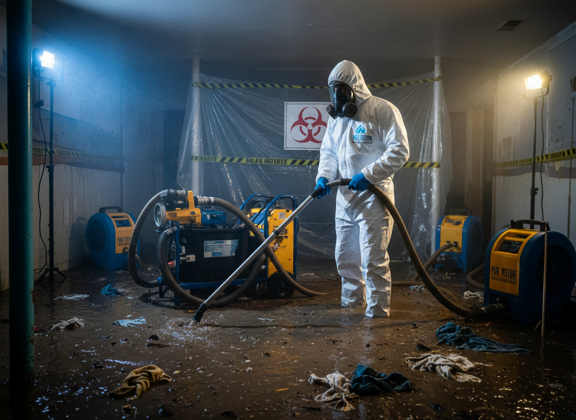 Professional sewage cleanup technician in hazmat suit