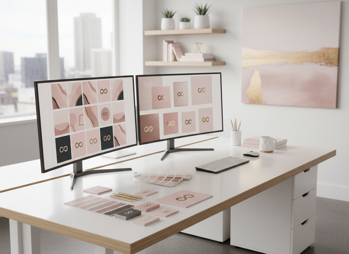 Creative workspace showing brand identity elements including color swatches, logo mockups on a screen, business cards, and social media templates