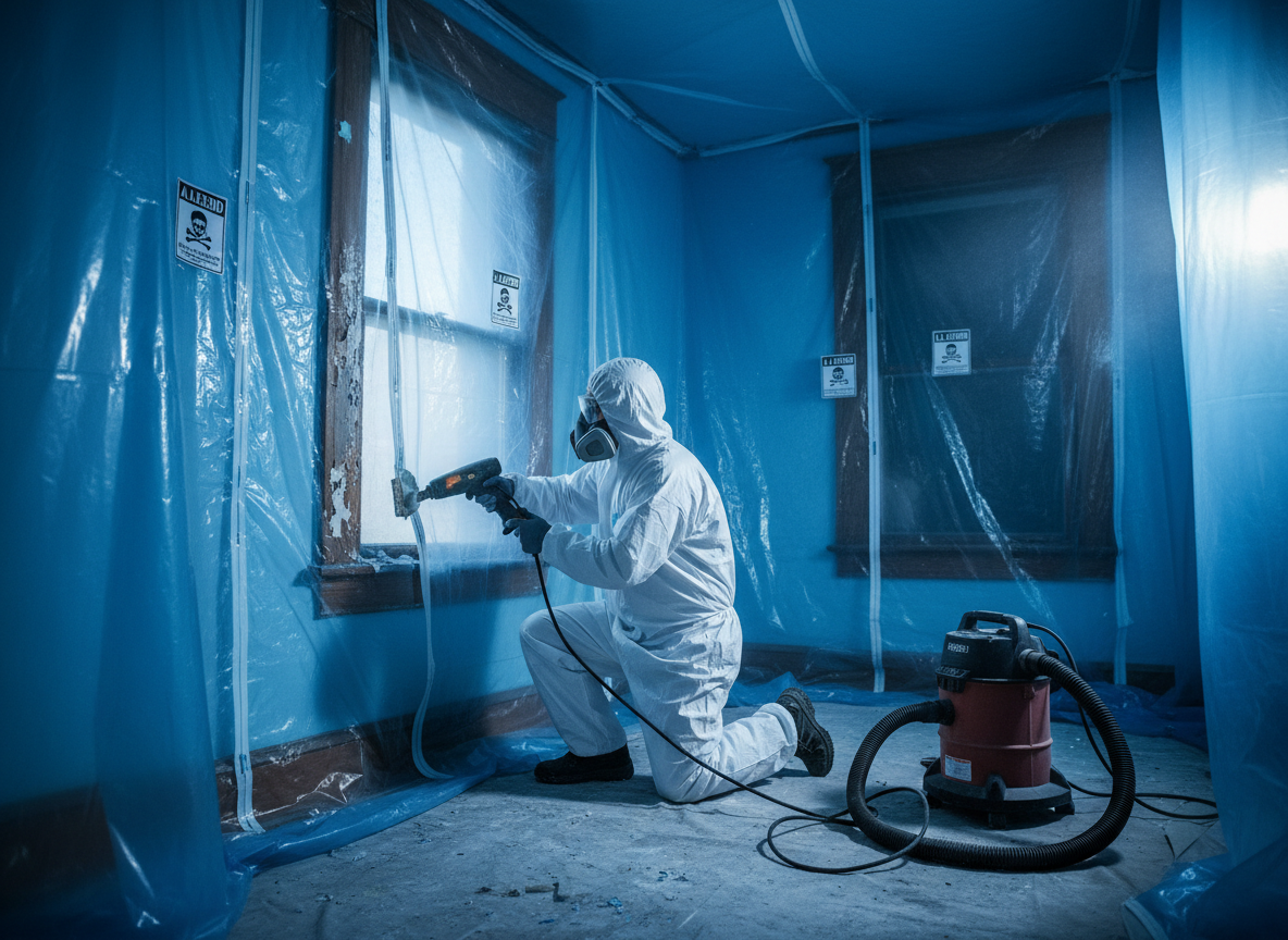 Professional lead abatement worker removing lead paint