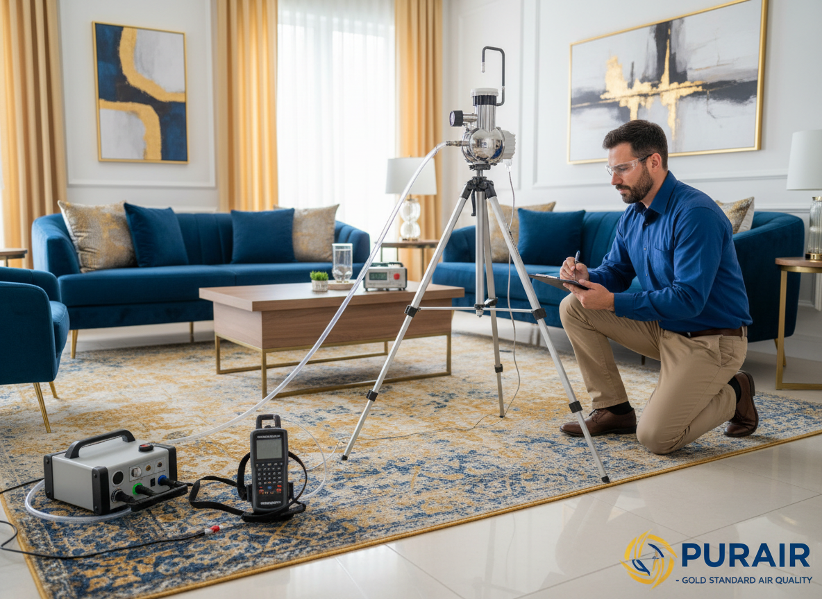 Professional indoor air quality testing equipment in residential home