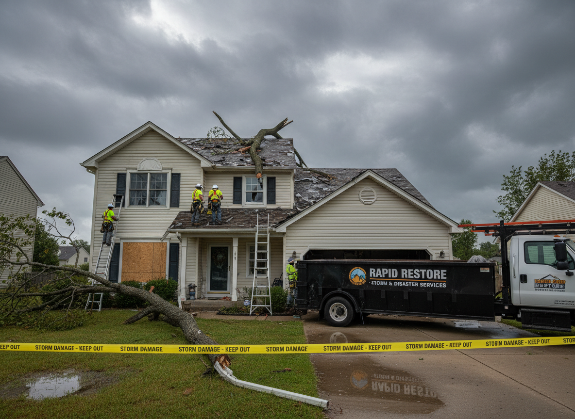 Storm damage restoration crew assessing wind and tree damage to residential home