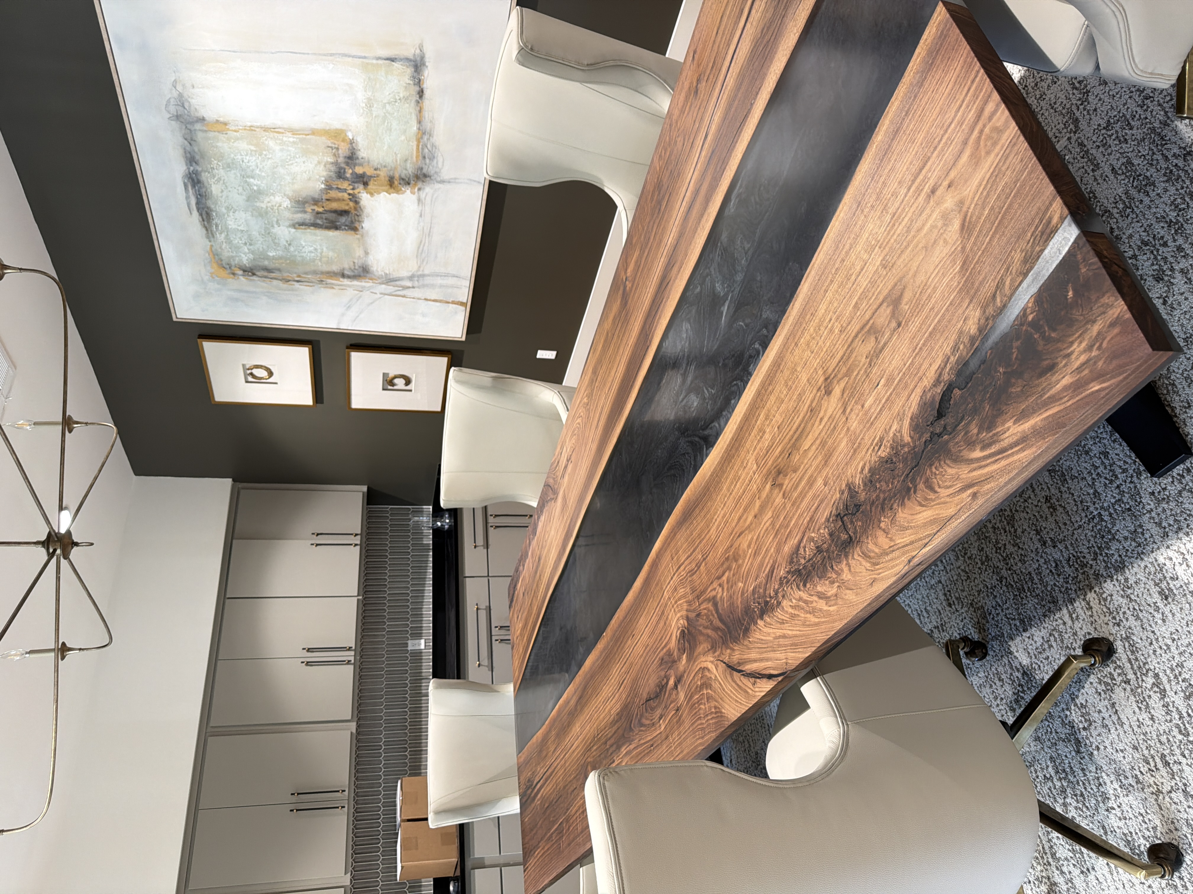 Walnut epoxy river conference table with black resin in executive boardroom Covington Louisiana