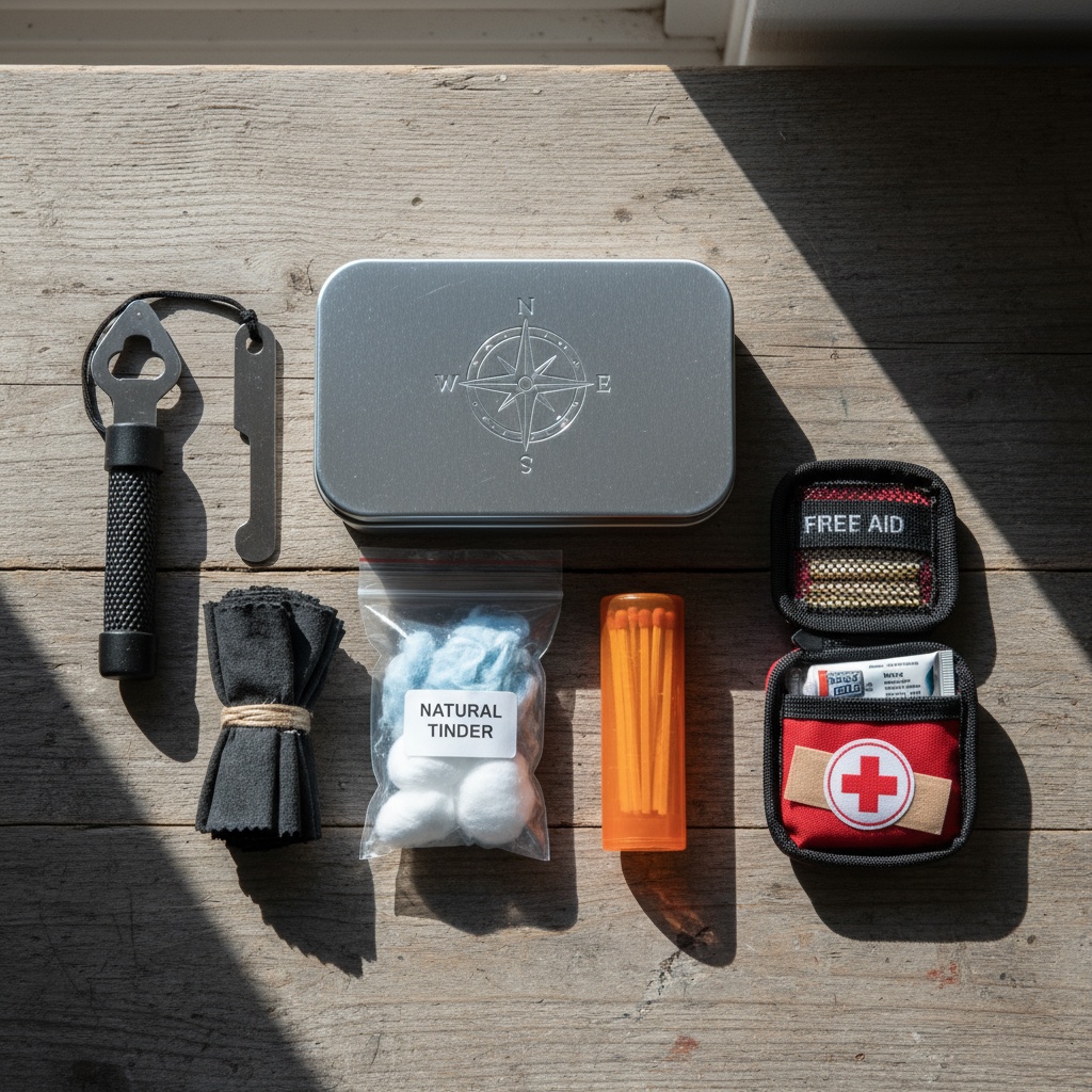 Complete fire starter kit with ferrocerium rod, char cloth, tinder, and waterproof container for youth survival training