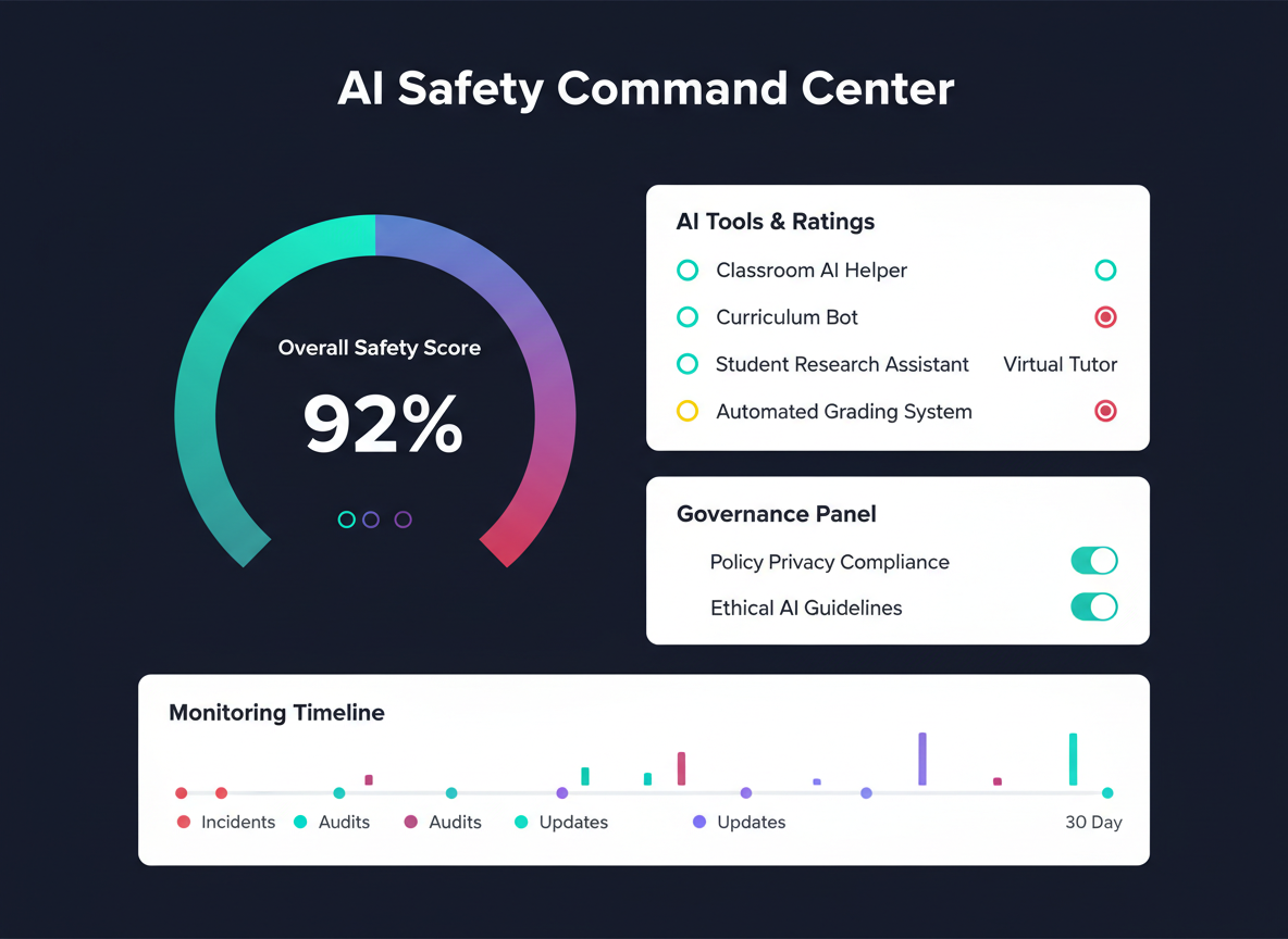 AI Safety Command Center dashboard showing safety scores, tool library, governance panel, and monitoring timeline