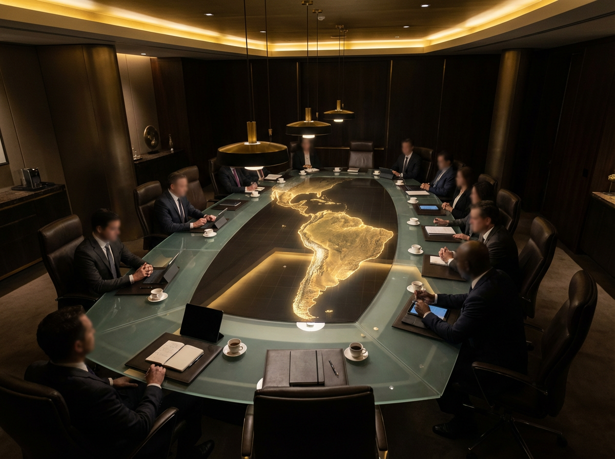 Strategic boardroom with global expansion map