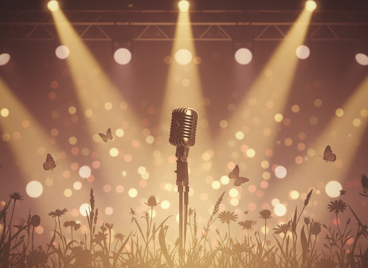 Warm golden stage lights and vintage microphone — tribute to Dolly Parton