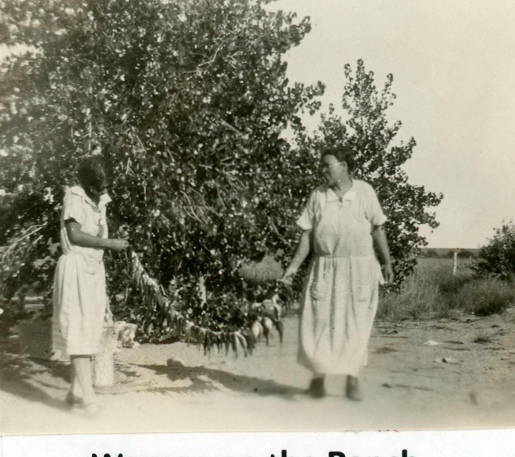 Two women walking near the trees at the Hicks Homestead ranch