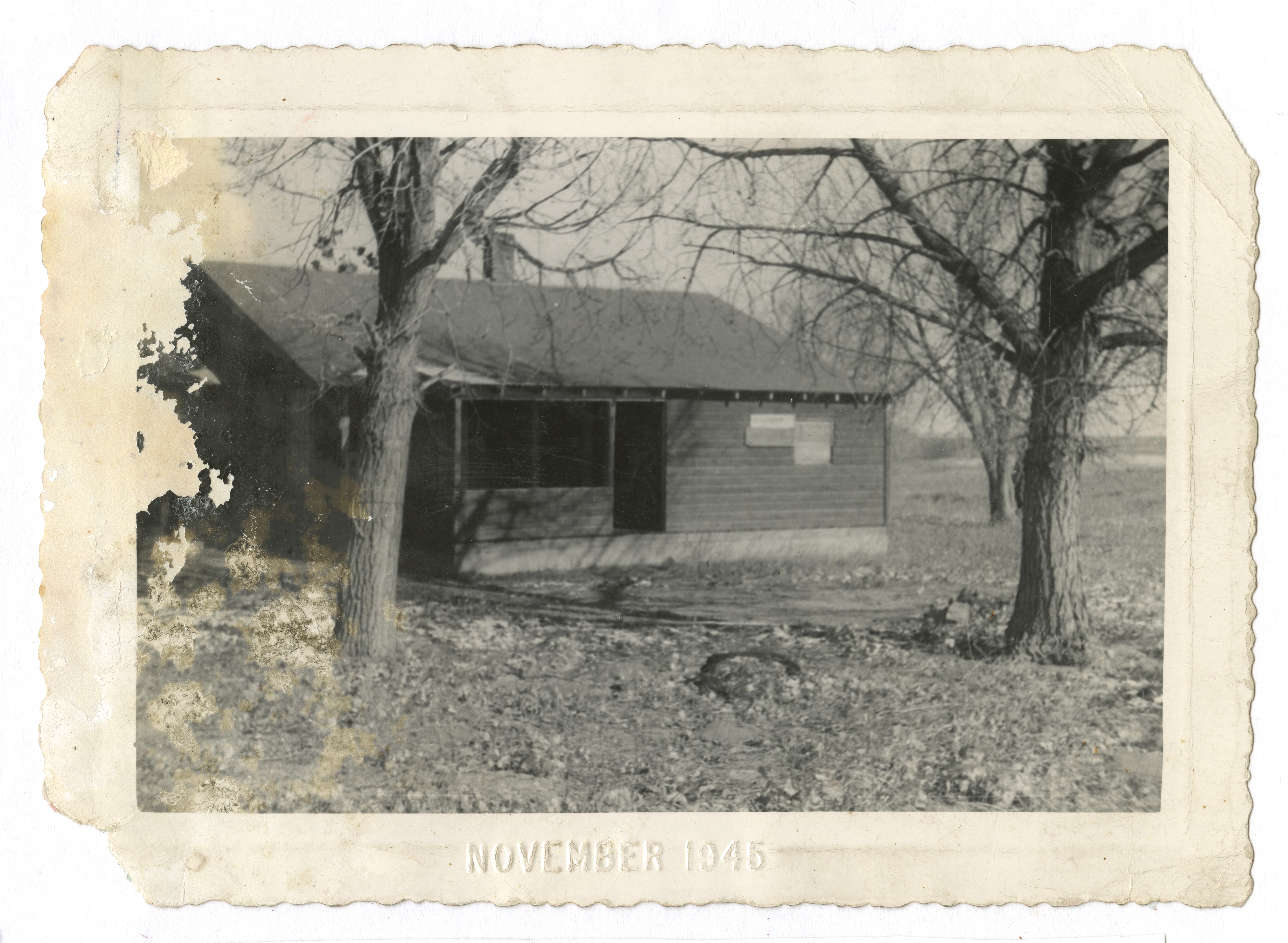 The Hicks Homestead building in November 1945 — surrounded by leafless trees