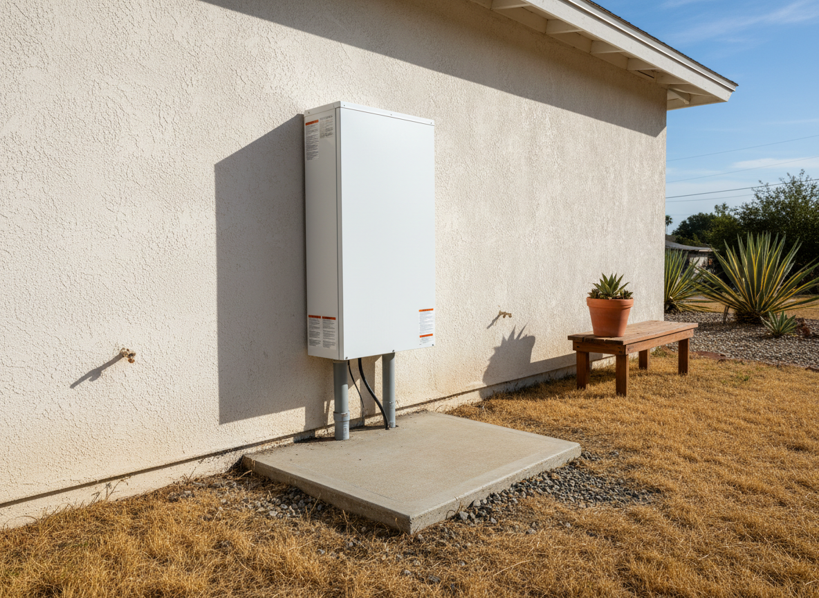 Home battery storage unit mounted on exterior wall