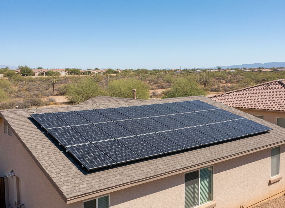Realistic rooftop solar panel installation on a suburban home