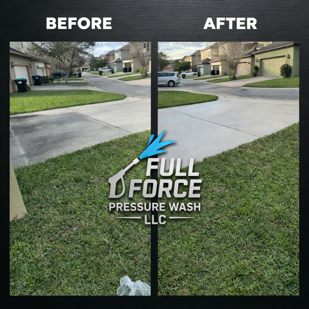 Driveway before and after pressure washing — concrete cleaned in Orlando, FL