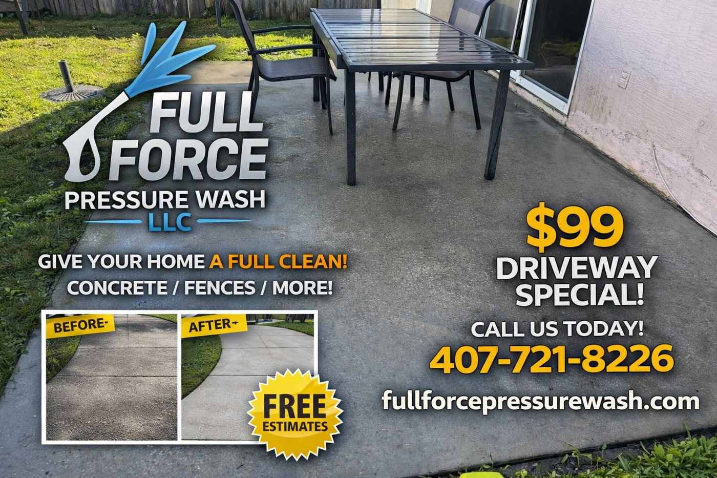 Clean concrete patio with table and chairs after pressure washing