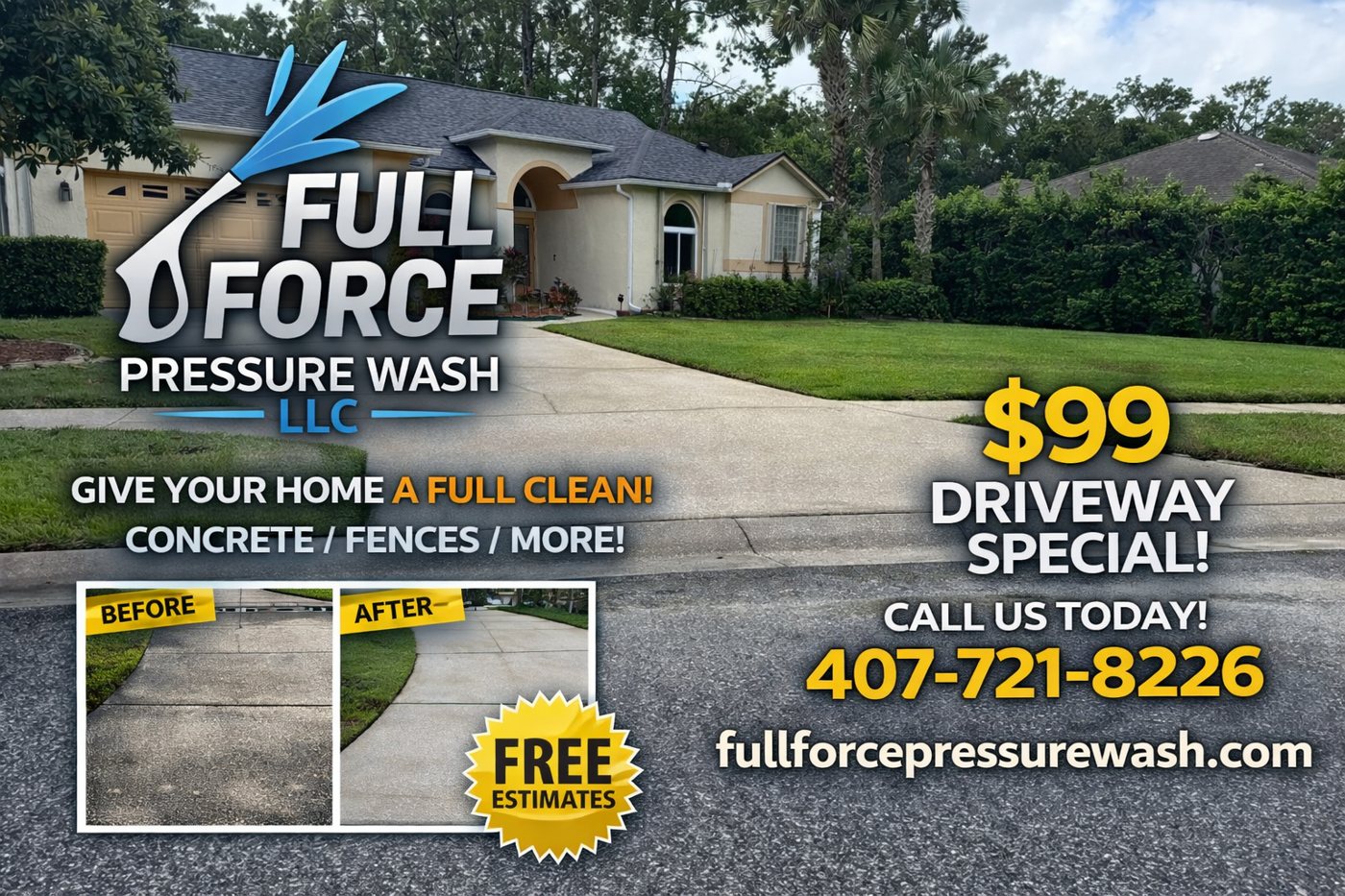 Clean driveway with house and lawn after pressure washing