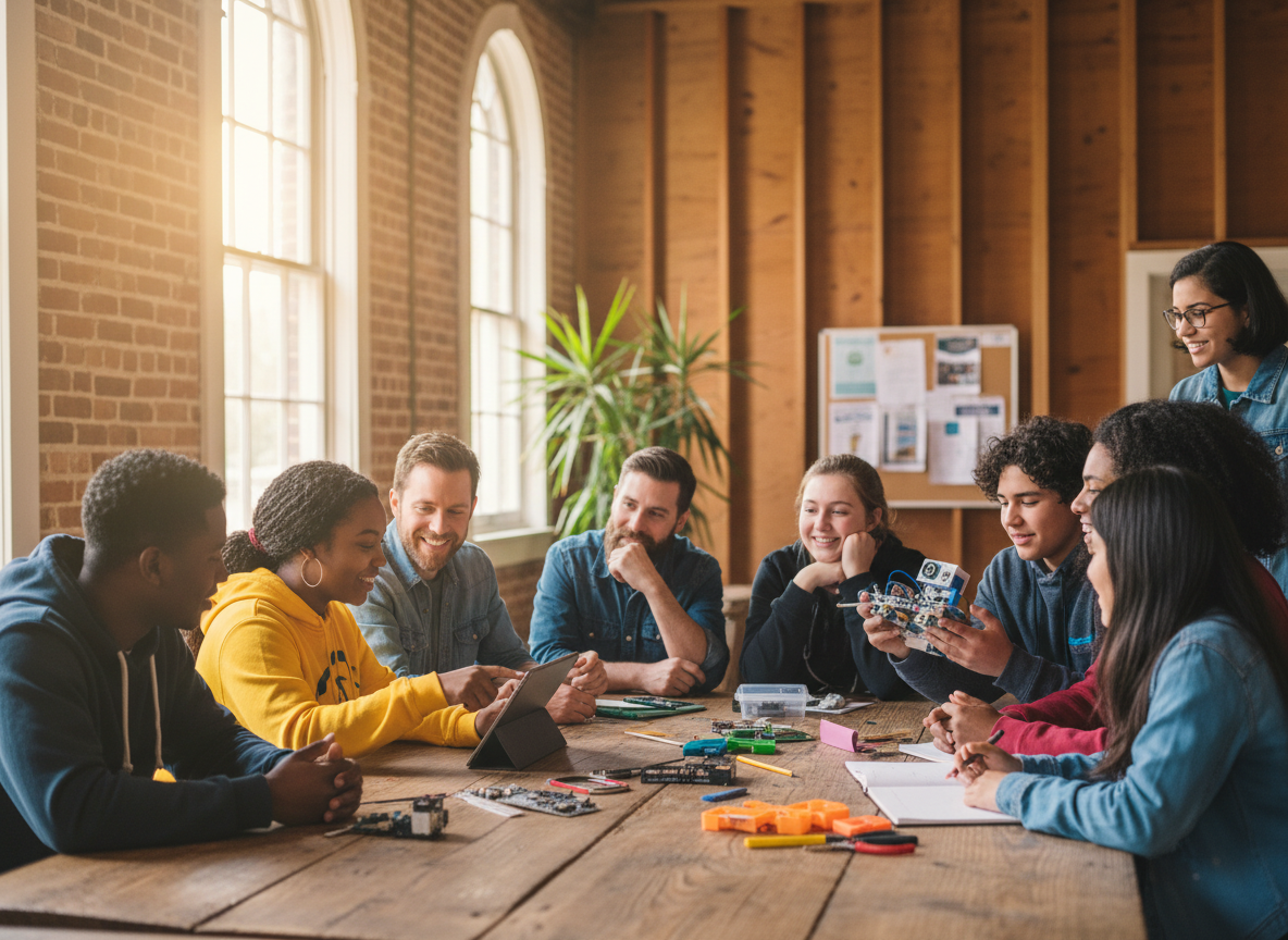 Youth and mentors collaborating in a community workshop