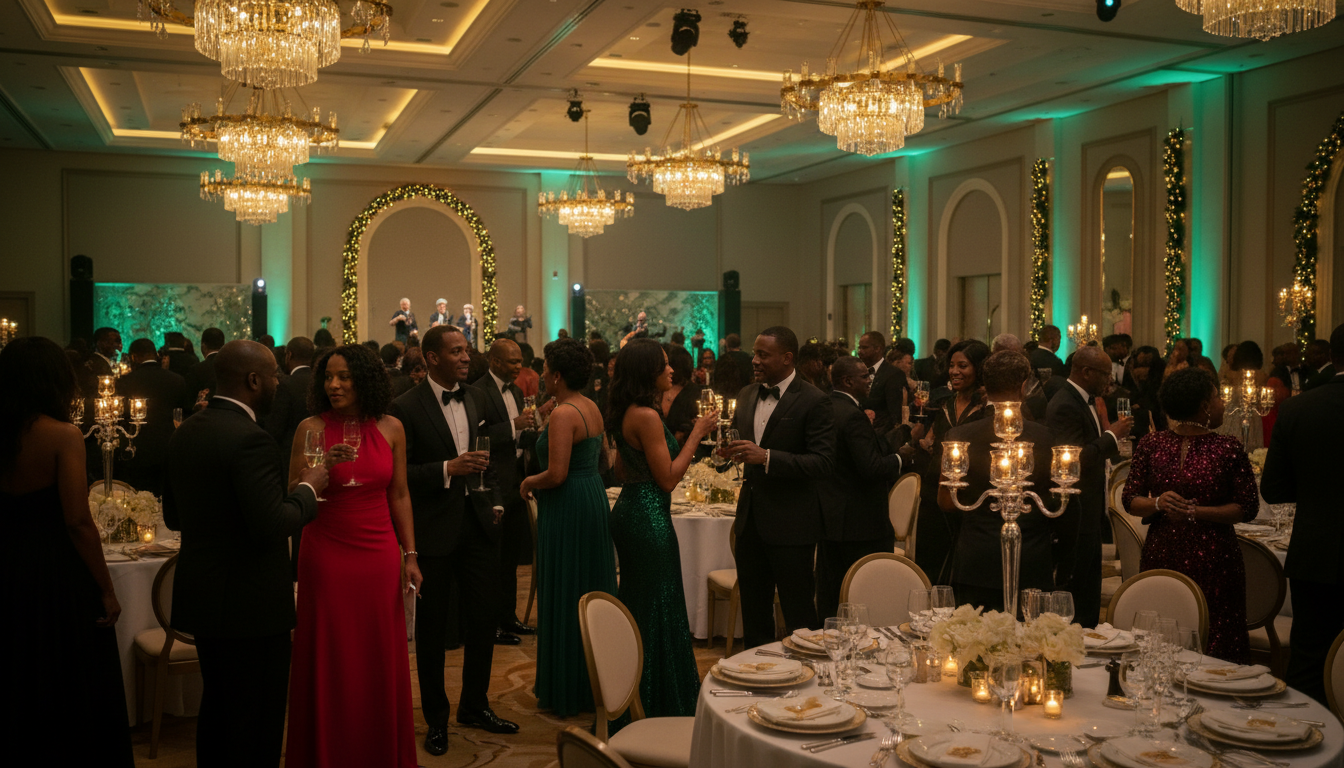 Elegant holiday gala ballroom with diverse guests in formal attire