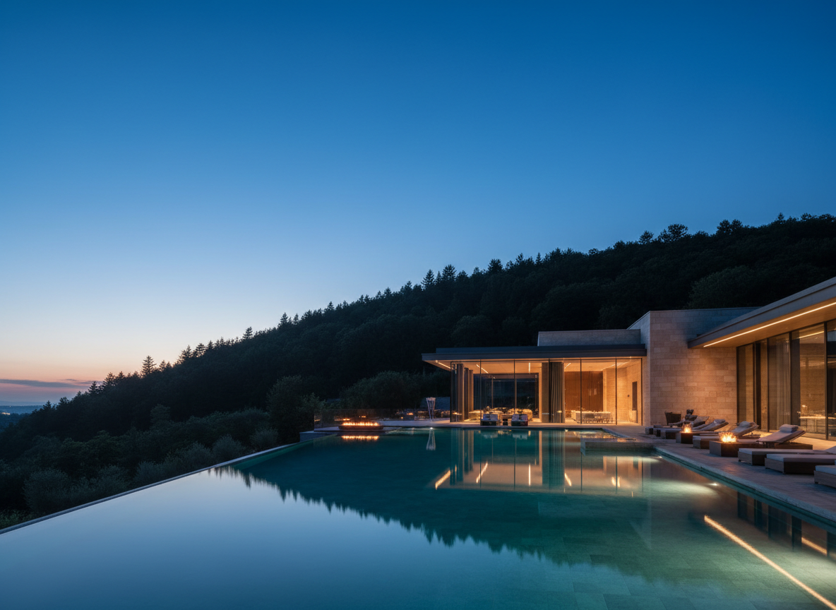 Luxury resort property at blue hour with illuminated facade and pool, representing the hotels, resorts, and conference centers Green Analytics measures for sustainability