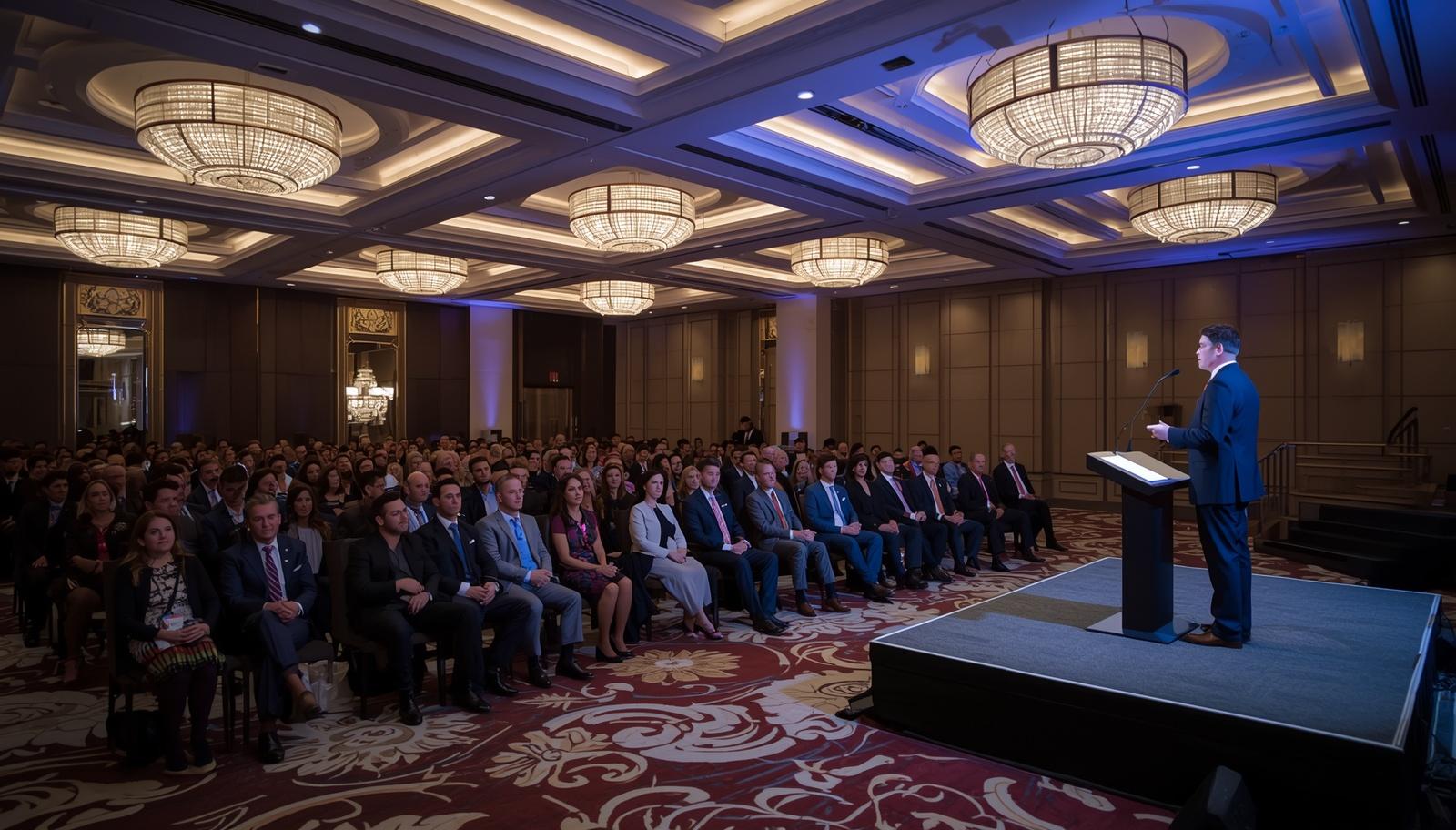 Corporate keynote event in an elegant ballroom with full audience