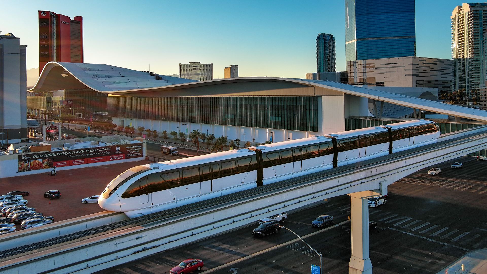 Las Vegas Monorail passing the Las Vegas Convention Center with the Strip skyline in the background