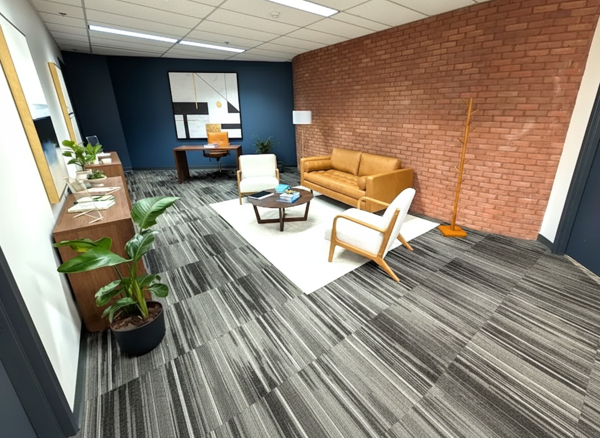Suite 302 lounge area with modern art, blue accent wall, leather sofa, and seating