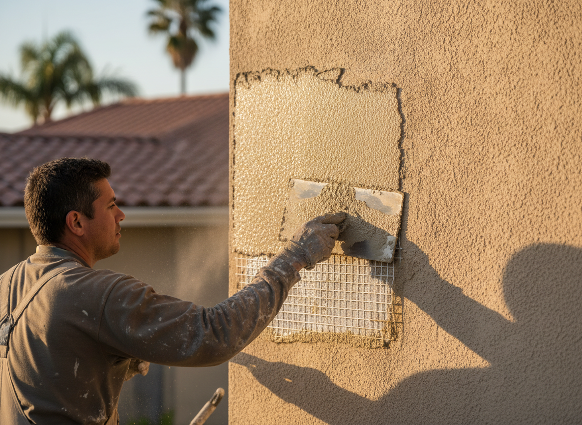 Professional stucco repair with fiberglass mesh on a Southern California building exterior — PMR Stucco