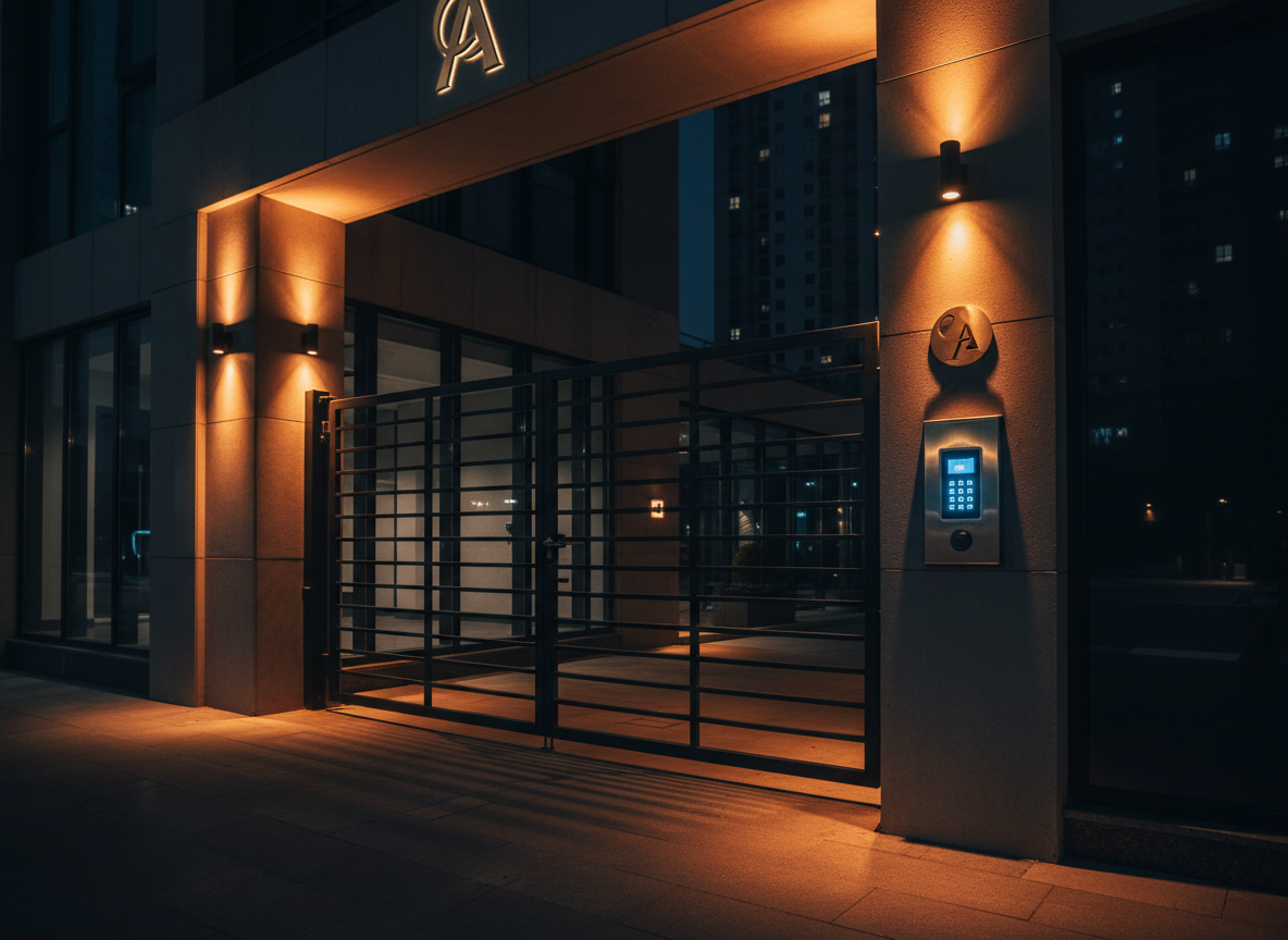 Apartment complex security gate at night