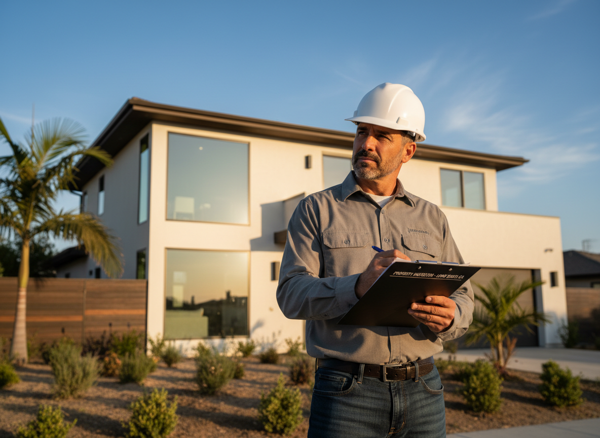Professional contractor reviewing a checklist at a property